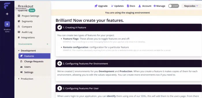The dashboard of flagsmith where information about remote config and feature flags is given